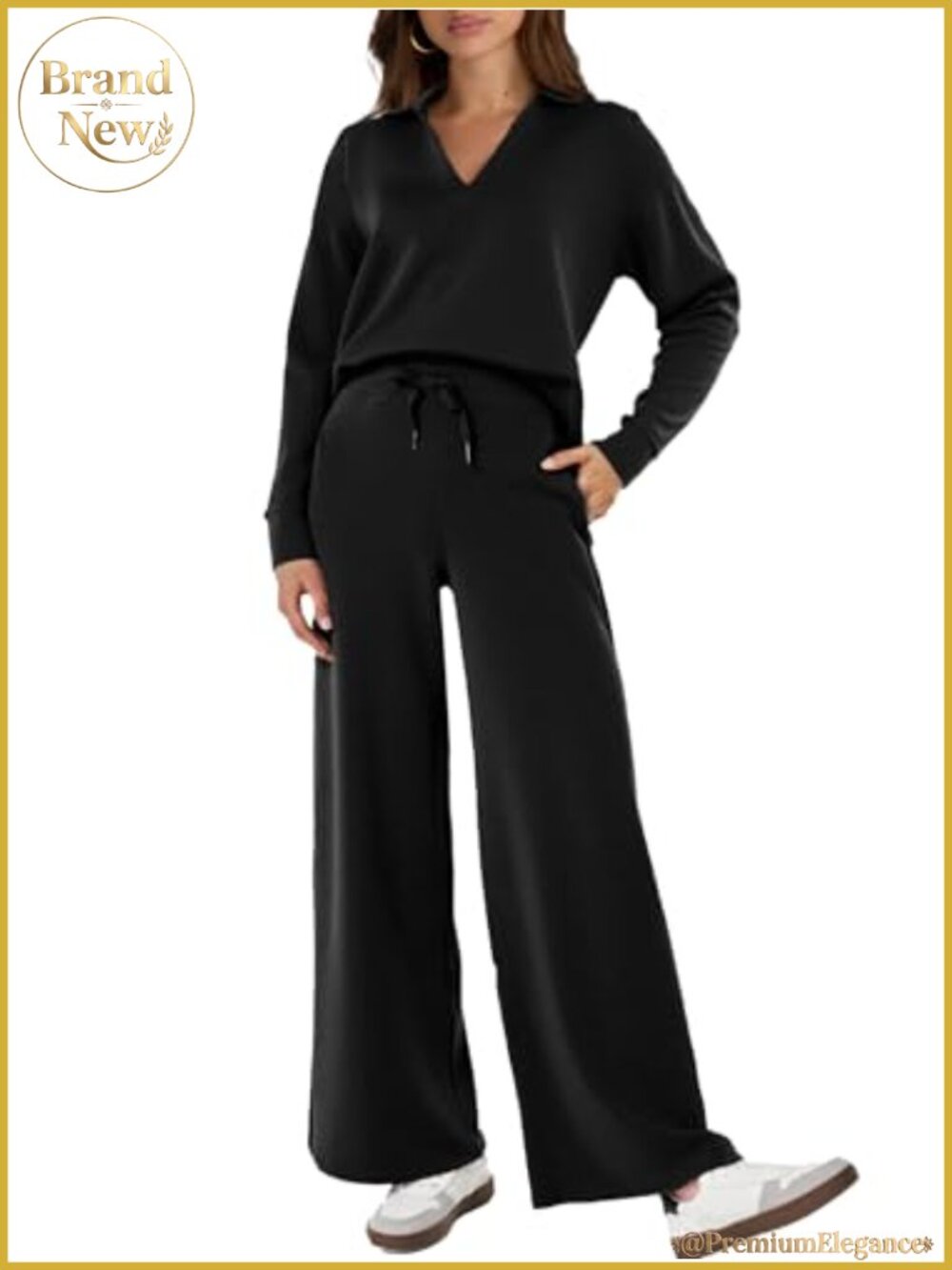 Women's 2 Piece Sweatsuit Set Long Sleeve Polo Top Wide Leg Pants Loungewear